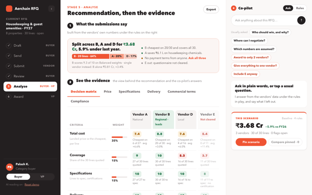 The Analyse screen of the prototype, with the recommendation and the decision matrix