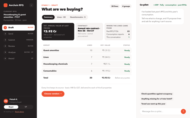 The prototype's Draft screen: the RFQ summary, line groups and the co-pilot